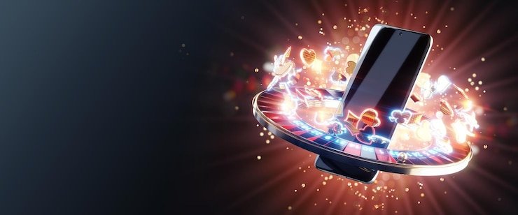Mesin slot digital dengan kombinasi warna mencolok menampilkan jackpot interaktif serta tema game yang populer